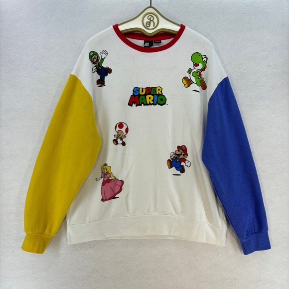 Super Mario Bros Crewneck Sweatshirt Pullover Color Block Luigi Peach Men's XL - Picture 1 of 12